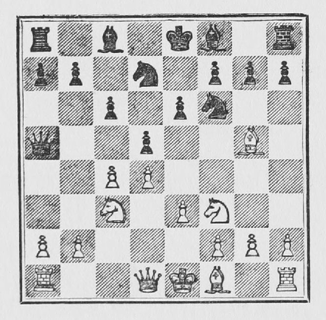 White: King e1, Queen d1, Rooks a1, h1, Bishops f1, g5, Knights c3, f3, Pawns a2, b2, c4, d4, e3, f2, g2, h2. Black: King e8, Queen a5, Rooks a8, h8, Bishops c8, f8, Knights d7, f6, Pawns a7, b7, c6, d5, e6, f7, g7, h7.