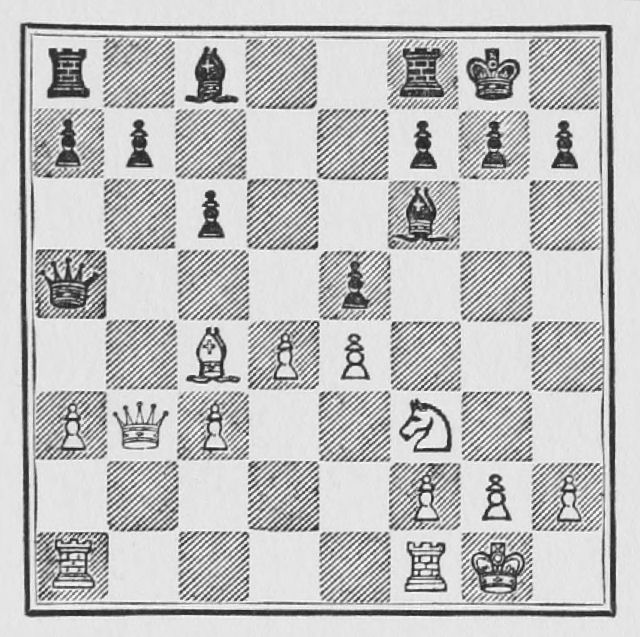 White: King g1, Queen b3, Rooks a1, f1, Bishop c4, Knight f3, Pawns a3, c3, d4, e4, f2, g2, h2. Black: King g8, Queen a5, Rooks a8, f8, Bishops c8, f6, Pawns a7, b7, c6, e5, f7, g7, h7.