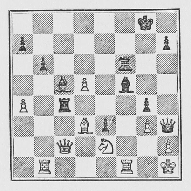 White: King h1, Queen c2, Rooks b1, f1, Bishop d3, Knight e2, Pawns a4, d5, g3, h2. Black: King g8, Queen h3, Rooks c4, f6, Bishops c5, f5, Pawns a7, b6, e3, g4, h7.