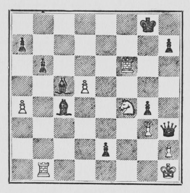 White: King h1, Rooks b1, f6, Knight f4, Pawns a4, d5, g3, h2. Black: King g8, Queen h3, Bishops c4, c5, Pawns a7, b6, e2, g4, h7.