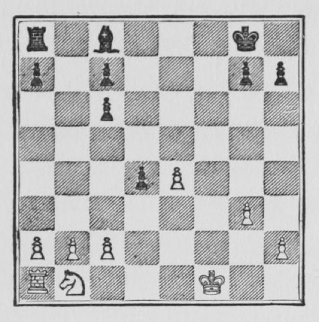 White: King f1, Rook a1, Knight b1, Pawns a2, b2, c2, e4, g3, h2. Black: King g8, Rook a8, Bishop c8, Pawns a7, c7, c6, d4, g7, h7.