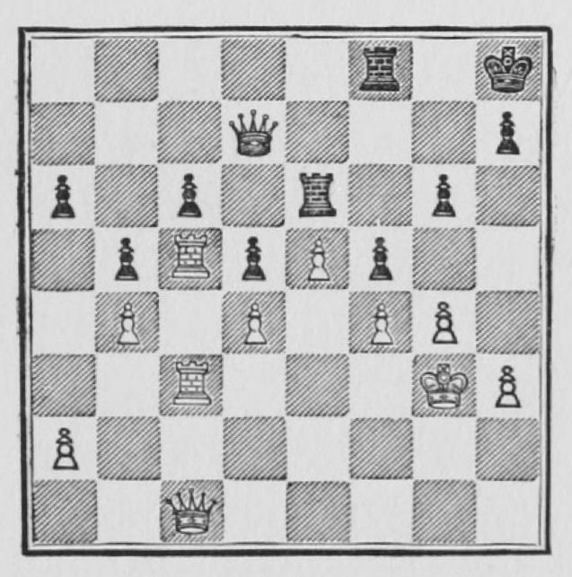 White: King g3, Queen c1, Rooks c5, c3, Pawns a2, b4, d4, e5, f4, g4, h3. Black: King h8, Queen d7, Rooks f8, e6, Pawns a6, b5, c6, d5, f5, g6, h7.