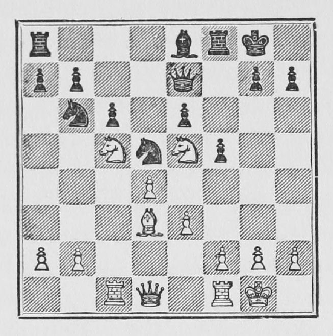 White: King g1, Queen d1, Rooks c1, f1, Bishop d3, Knights c5, e5, Pawns a2, b2, d4, e3, f2, g2, h2. Black: King g8, Queen e7, Rooks a8, f8, Bishop e8, Knights b6, d5, Pawns a7, b7, c6, e6, f5, g7, h7.