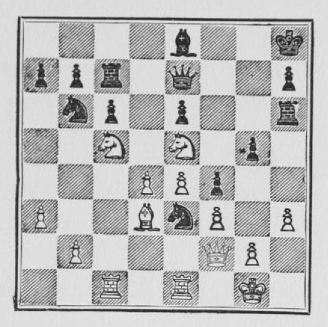 White: King g1, Queen f2, Rooks c1, e1, Bishop d3, Knights c5, e5, Pawns a3, b2, d4, e4, f3, g2, h3. Black: King h8, Queen e7, Rooks c7, h6, Bishop e8, Knights b6, e3, Pawns a7, b7, c6, e6, f4, g5, h7.