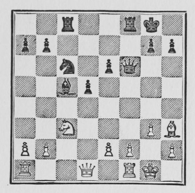 White: King g1, Queen d1, Rooks a1, f1, Bishop h3, Knight c3, Pawns a2, b2, e2, f2, g3, h2. Black: King g8, Queen f6, Rooks c8, f8, Bishop c5, Knight c6, Pawns a7, b7, d5, e6, g7, h7.