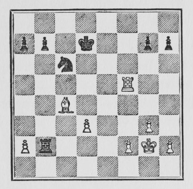 White: King g2, Rook f5, Bishop c4, Pawns a2, d3, f2, g3, h2. Black: King d7, Rook b2, Knight c6, Pawns a7, b7, g7, h7.
