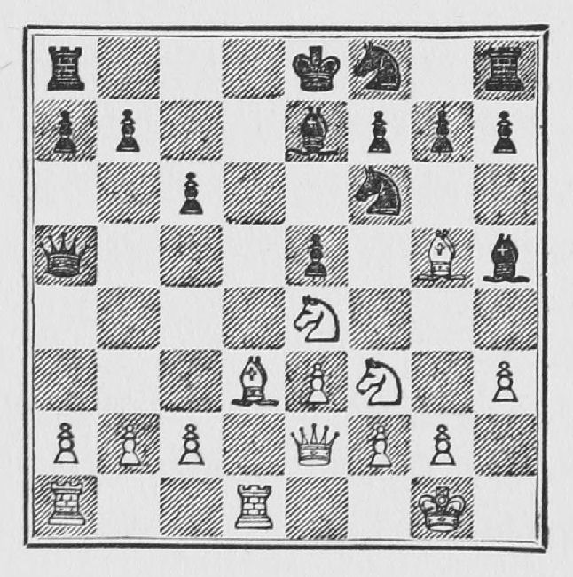 White: King g1, Queen e2, Rooks a1, d1, Bishops d3, g5, Knights e4, f3, Pawns a2, b2, c2, e3, f2, g2, h3. Black: King e8, Queen a5, Rooks a8, h8, Bishops e7, h5, Knights f6, f8, Pawns a7, b7, c6, e5, f7, g7, h7.