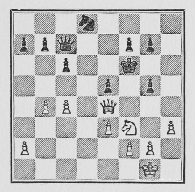 White: King g1, Queen e4, Knight f3, Pawns a2, b4, c4, e3, f2, g2, h3. Black: King f6, Queen c7, Knight d8, Pawns a7, b7, c6, e5, f7, g5, g7.