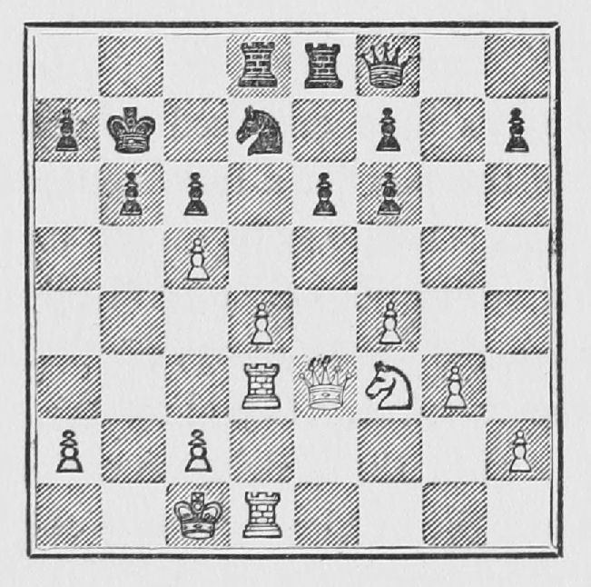 White: King c1, Queen e3, Rooks d1, d3, Knight f3, Pawns a2, c2, c5, d4, f4, g3, h2. Black: King b7, Queen f8, Rooks d8, e8, Knight d7, Pawns a7, b6, c6, e6, f6, f7, h7.
