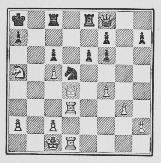 White: King c1, Queen d4, Rooks d1, d3, Knight a5, Pawns a2, c2, c5, f4, g3, h2. Black: King a8, Queen f8, Rooks c8, e8, Knight d5, Pawns a7, c6, e6, f6, f7, h7.