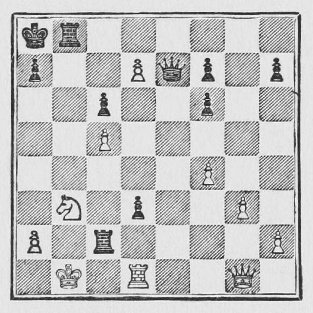White: King b1, Queen g1, Rook d1, Knight b3, Pawns a2, c5, d7, f4, g3, h2. Black: King a8, Queen e7, Rooks b8, c2, Pawns a7, c6, d3, f6, f7, h7.