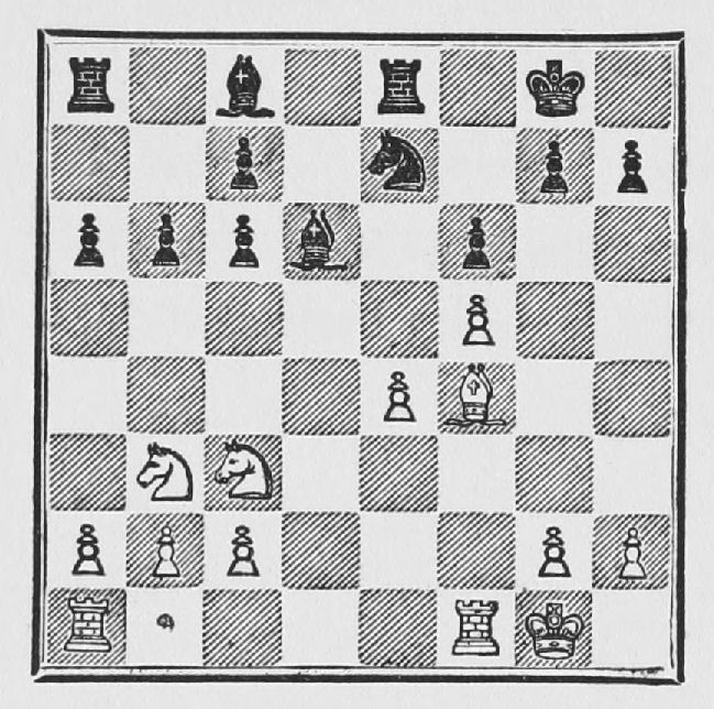 White: King g1, Rooks a1, f1, Bishop f4, Knights b3, c3, Pawns a2, b2, c2, e4, f5, g2, h2. Black: King g8, Rooks a8, e8, Bishops c8, d6, Knight e7, Pawns a6, b6, c6, c7, f6, g7, h7.