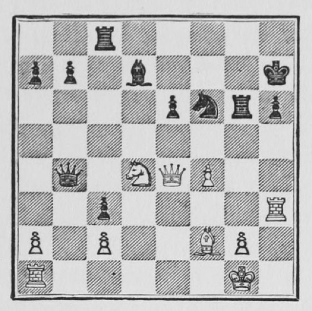 White: King g1, Queen e4, Rooks a1, h3, Bishop f2, Knight d4, Pawns a2, c2, f4, g2. Black: King h7, Queen b4, Rooks c8, g6, Bishop d7, Knight f6, Pawns a7, b7, c3, e6, h6.