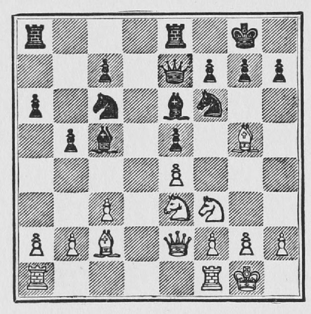White: King g1, Queen e2, Rooks a1, f1, Bishops c2, g5, Knights e3, f3, Pawns a2, b2, c3, e4, f2, g2, h2. Black: King g8, Queen e7, Rooks a8, e8, Bishops c5, e6, Knights c6, f6, Pawns a6, b5, c7, e5, f7, g7, h7.