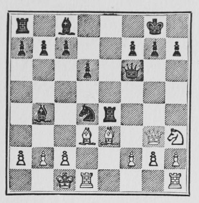 White: King c1, Queen g3, Rooks d1, h1, Bishops d3, e3, Knight h3, Pawns a2, b2, c2, f2, g2, h2. Black: King g8, Queen f6, Rooks a8, e4, Bishops b4, c8, Knight d4, Pawns a7, b7, c7, d6, f7, g7, h7.