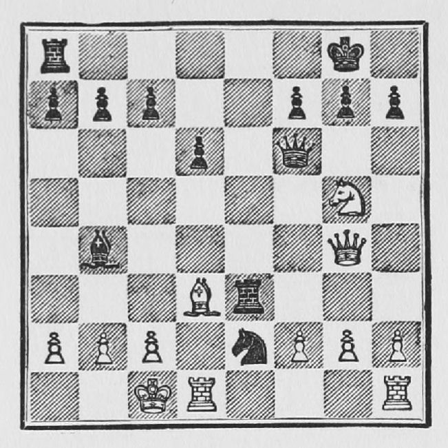 White: King c1, Queen g4, Rooks d1, h1, Bishop d3, Knight g5, Pawns a2, b2, c2, f2, g2, h2. Black: King g8, Queen f6, Rooks a8, e3, Bishop b4, Knight e2, Pawns a7, b7, c7, d6, f7, g7, h7.