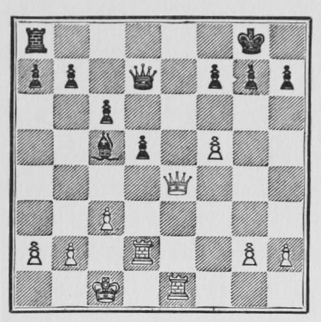 White: King c1, Queen e4, Rooks d2, e1, Pawns a2, b2, c3, f5, g2, h2. Black: King g8, Queen d7, Rook a8, Bishop c5, Pawns a7, b7, c6, d5, f7, g7, h7.