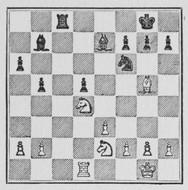 White: King g1, Rook d1, Bishop g5, Knights d4, e2, Pawns a2, b2, e3, f2, g2, h2. Black: King g8, Rook c8, Bishops b7, e7, Knight f6, Pawns a6, b5, d5, f7, g7, h7.