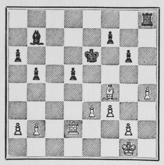 White: King g1, Rook d2, Bishop f4, Pawns a2, b2, e3, f3, g2, h4. Black: King e6, Rook h8, Bishop b7, Pawns a6, b5, d5, f7, g6.