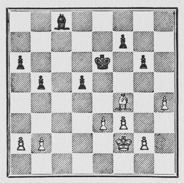 White: King f2, Bishop f4, Pawns a2, b2, e3, f3, g2, h4. Black: King e6, Bishop c8, Pawns a6, b5, d5, f7, g6.