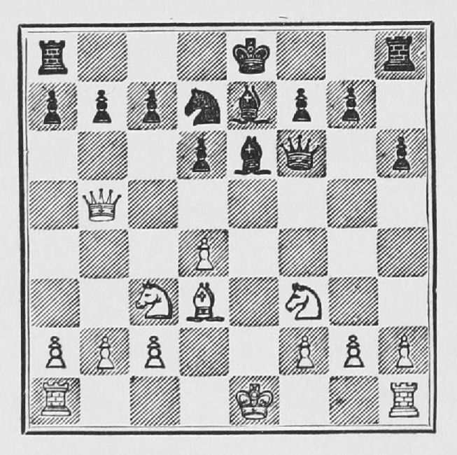 White: King e1, Queen b5, Rooks a1, h1, Bishop d3, Knights c3, f3, Pawns a2, b2, c2, d4, f2, g2, h2. Black: King e8, Queen f6, Rooks a8, h8, Bishops e6, e7, Knight d7, Pawns a7, b7, c7, d6, f7, g7, h6.
