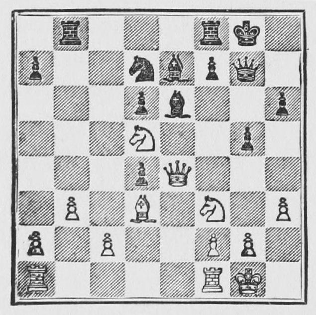 White: King g1, Queen e4, Rooks a1, f1, Bishop d3, Knights d5, f3, Pawns a2, b3, c2, f2, g2, h3. Black: King g8, Queen g7, Rooks b8, f8, Bishops e6, e7, Knight d7, Pawns a7, d4, d6, f7, g5, h6.
