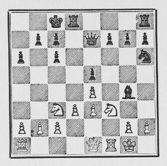 White: King g1, Queen e1, Rooks a1, f1, Knights c3, f3, Pawns a2, b2, c2, d3, e3, e4, g2, h2. Black: King c8, Queen e7, Rooks d8, h8, Bishop g4, Knight h6, Pawns a6, b7, c6, c7, e5, f7, g7, h7.