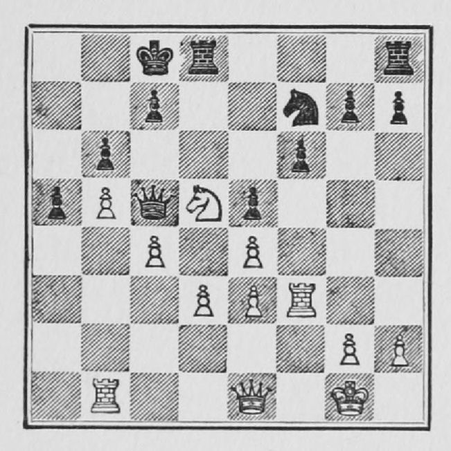 White: King g1, Queen e1, Rooks b1, f3, Knight d5, Pawns b5, c4, d3, e3, e4, g2, h2. Black: King c8, Queen c5, Rooks d8, h8, Knight f7, Pawns a5, b6, c7, e5, f6, g7, h7.