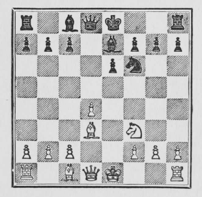 White: King e1, Queen d1, Rooks a1, h1, Bishops c1, d3, Knight f3, Pawns a2, b2, c2, d4, f2, g2, h2. Black: King e8, Queen d8, Rooks a8, h8, Bishops c8, e7, Knight f6, Pawns a7, b7, c7, e6, f7, g7, h7.