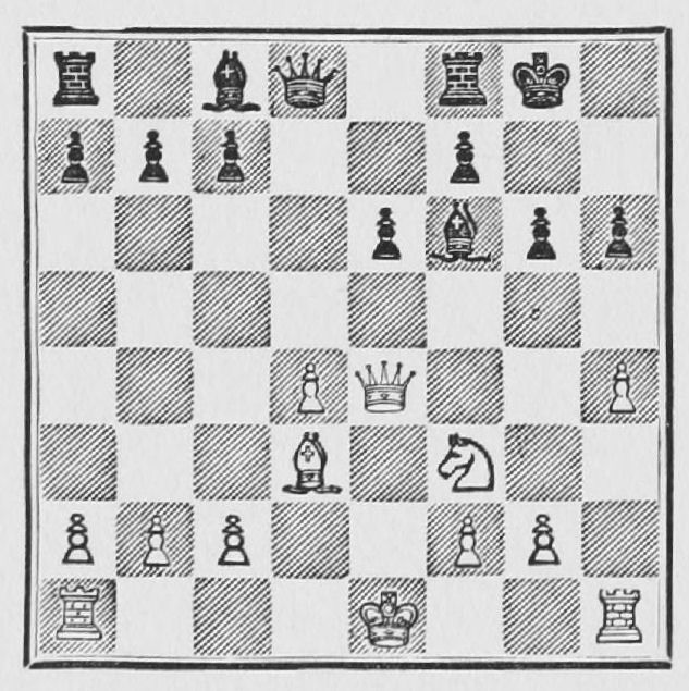 White: King e1, Queen e4, Rooks a1, h1, Bishop d3, Knight f3, Pawns a2, b2, c2, d4, f2, g2, h4. Black: King g8, Queen d8, Rooks a8, f8, Bishops c8, f6, Pawns a7, b7, c7, e6, f7, g6, h6.