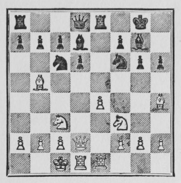 White: King c1, Queen d2, Rooks d1, e1, Bishops b5, h4, Knights c3, f3, Pawns a2, b2, c2, e4, f2, g2, h2. Black: King g8, Queen d8, Rooks a8, e8, Bishops d7, g7, Knights c6, f6, Pawns a7, b7, c7, d6, f7, g6, h6.