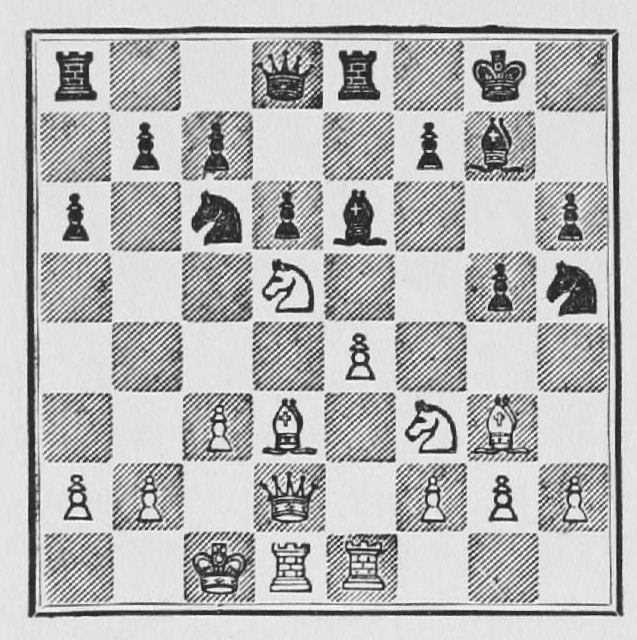 White: King c1, Queen d2, Rooks d1, e1, Bishops d3, g3, Knights d5, f3, Pawns a2, b2, c3, e4, f2, g2, h2. Black: King g8, Queen d8, Rooks a8, e8, Bishops e6, g7, Knights c6, h5, Pawns a6, b7, c7, d6, f7, g5, h6.