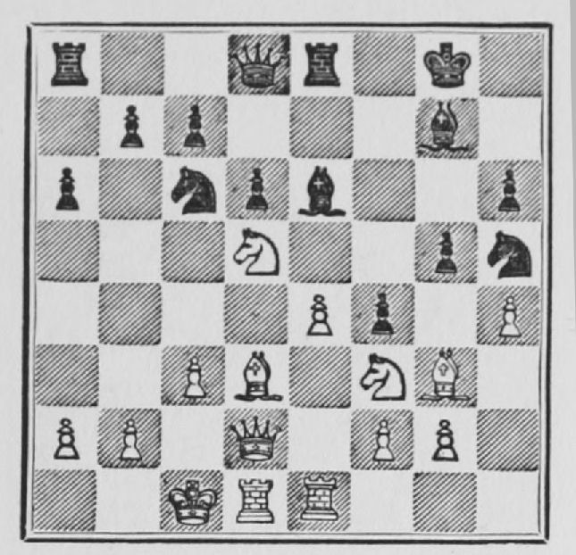 White: King c1, Queen d2, Rooks d1, e1, Bishops d3, g3, Knights d5, f3, Pawns a2, b2, c3, e4, f2, g2, h4. Black: King g8, Queen d8, Rooks a8, e8, Bishops e6, g7, Knights c6, h5, Pawns a6, b7, c7, d6, f4, g5, h6.