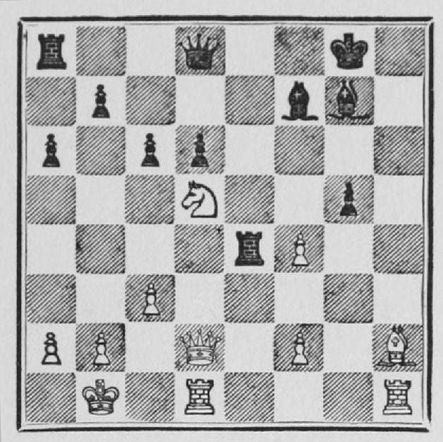 White: King b1, Queen d2, Rooks d1, h1, Bishop h2, Knight d5, Pawns a2, b2, c3, f2, f4. Black: King g8, Queen d8, Rooks a8, e4, Bishops f7, g7, Pawns a6, b7, c6, d6, g5.
