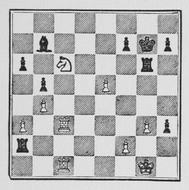 White: King g1, Rooks c1, c3, Knight c6, Pawns a3, b4, e5, f2, g3. Black: King g7, Rooks a2, g6, Bishop b7, Pawns a6, b5, f7, h3, h7.