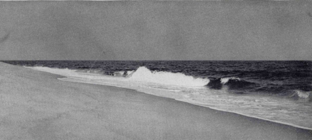 Right: the beaches of Plum Island attract many shore birds; diving ducks often appear offshore. Surf casters like to fish for striped bass from this beach. — Photograph of an empty sand beach sloping down to dark water, where a breaking wave throws white foam under a plain grey sky.