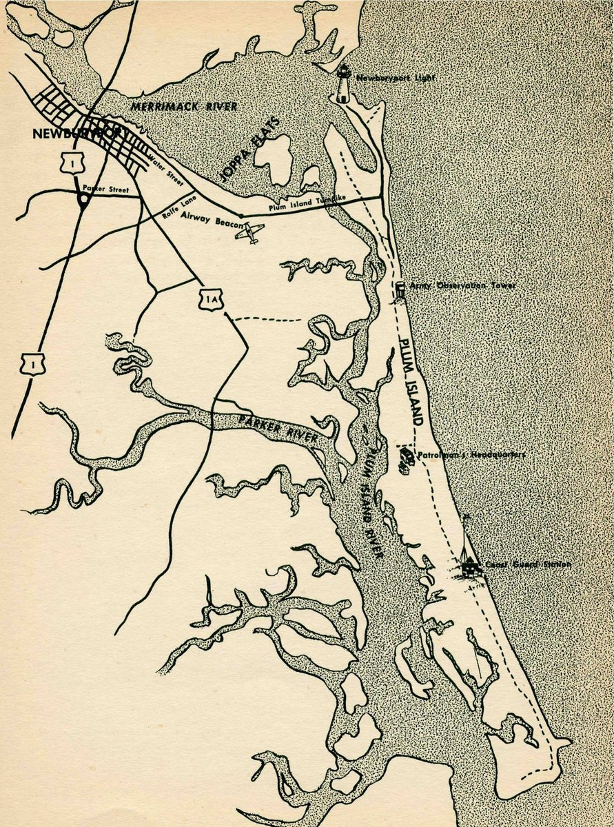 Map of Plum Island and its marshes, from Newburyport and the Merrimack River at the top to the Parker River and Plum Island River, marking roads, Newburyport Light, an Army Observation Tower, Patrolmans Headquarters and a Coast Guard Station.