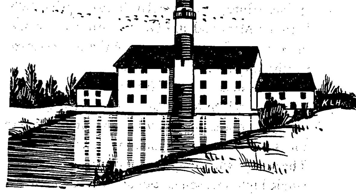Mattamuskeet Lodge — Drawing of a large three-storey building with a smaller wing at each side and a tall striped tower rising behind its centre, set beside water with trees and grass in front.