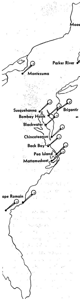 PRINCIPAL WATERFOWL REFUGES OF THE ATLANTIC FLYWAY — Map of the Atlantic coast, cut off at the right edge, with refuges marked by dots and goose-head pins and named from Moosehorn and Parker River south through Montezuma, Susquehanna, Blackwater, Pea Island and Mattamuskeet to Cape Romain.