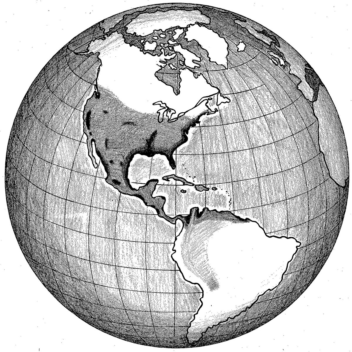 Wintering grounds of North American waterfowl. Heavy shading indicates areas where largest concentrations occur; light shading, general limits of winter range. Breeding grounds are chiefly north of 40th parallel. — Globe showing North and South America with lines of latitude and longitude, shaded over the United States and Mexico and darkest along the Pacific, Gulf and Atlantic coasts.