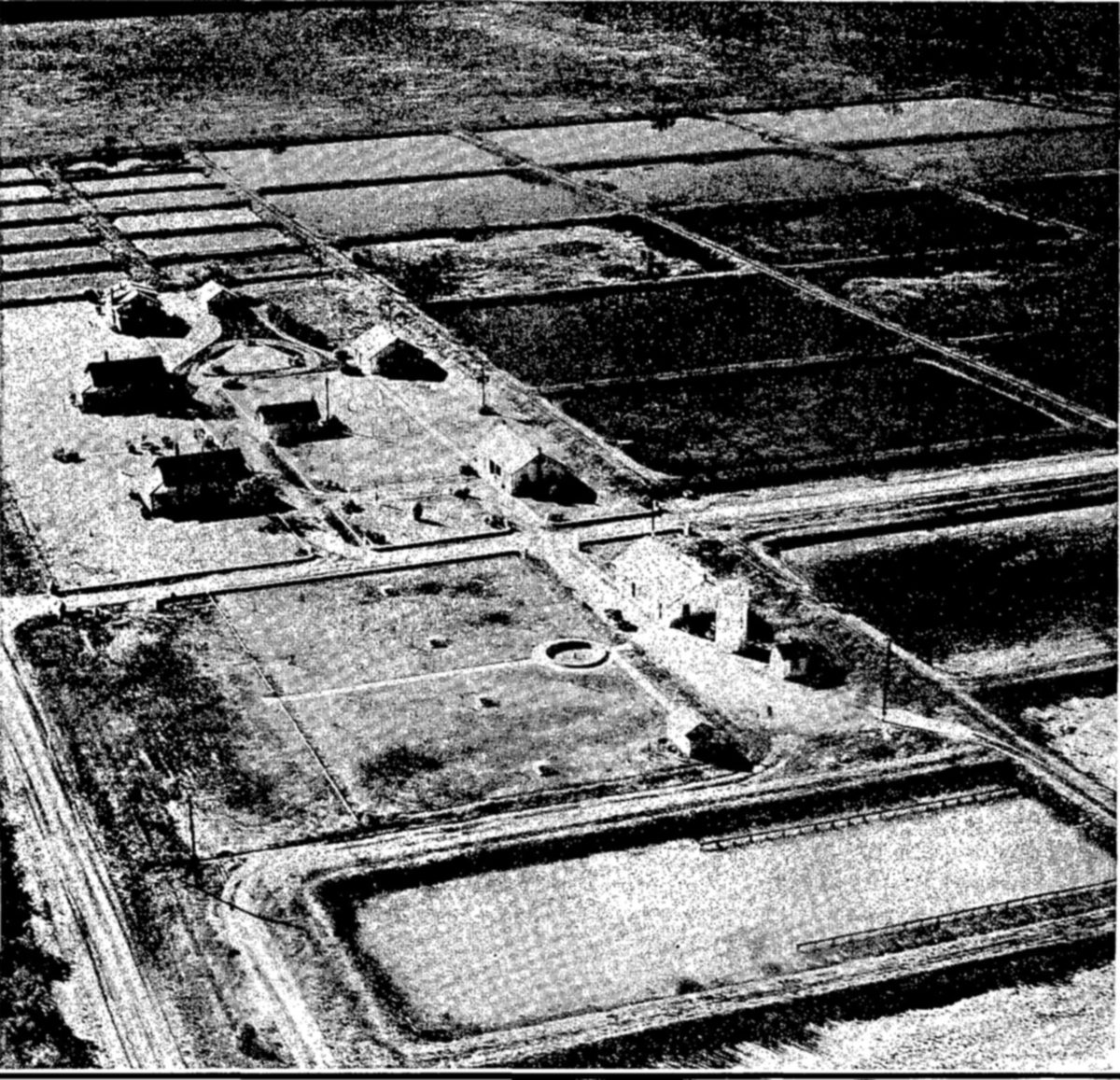 An aerial view of a flat site with many rectangular ponds divided by earthen dikes, and a cluster of houses and farm buildings with roads and lawns in the middle.