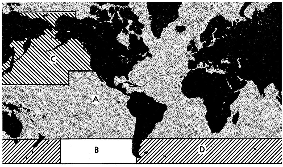 A. Factory ships for taking baleen whales not allowed. B. Proposed sanctuary for baleen and humpback whales. C. Factory ships for taking baleen whales allowed. D. Factory ships for taking baleen whales allowed, but ships operating here cannot be used in any other waters within one year from termination of that season. Humpback whales cannot be taken. — A world map with the land in black. Letter A covers most of the open oceans, C a hatched area of the North Pacific, B a blank box south of the eastern Pacific, and D hatched Antarctic waters on either side.