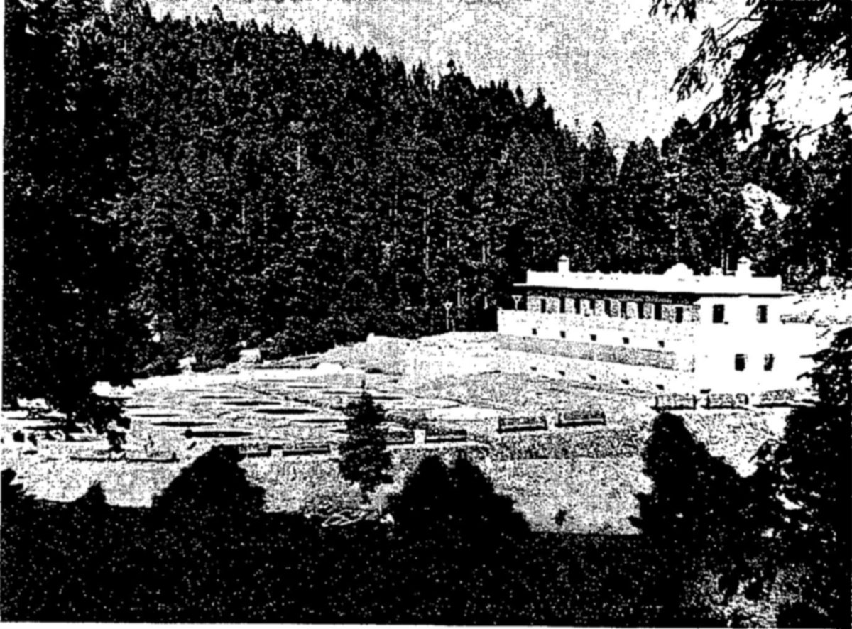 El Zarco trout hatchery at Salazar, Mexico — A long, light-colored building stands at the edge of a forested mountainside, with rows of small rectangular ponds laid out on the open ground in front of it.