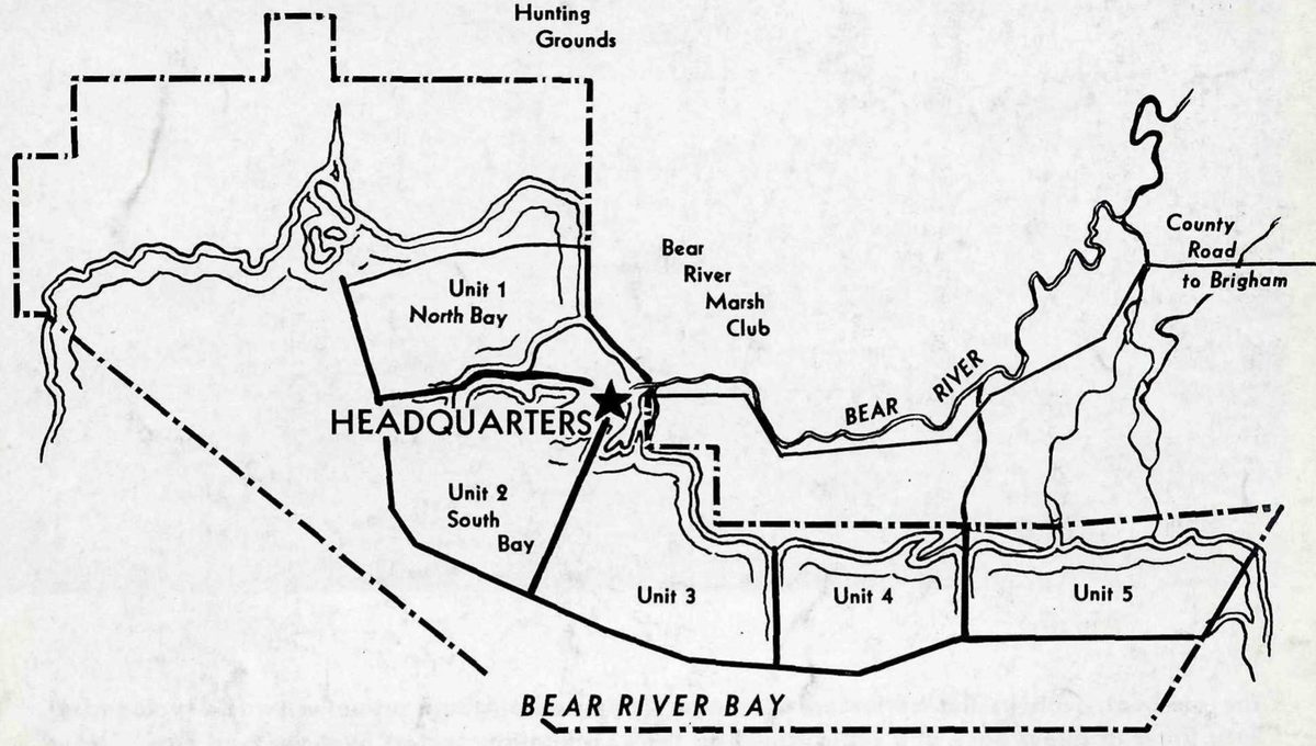 Map of the Bear River refuge: Bear River enters from the east near a county road to Brigham, and Bear River Bay lies along the south. A star marks headquarters; Units 1 to 5, the Bear River Marsh Club and public hunting grounds are labeled.