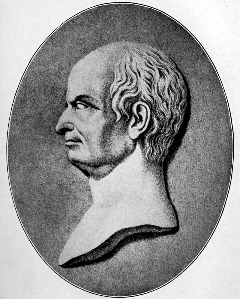 Lazzaro Spallanzani — A profile facing left, drawn like a carved cameo in an oval: a high bald forehead, hair curling at the back of the head, and bare shoulders in the manner of a Roman bust.