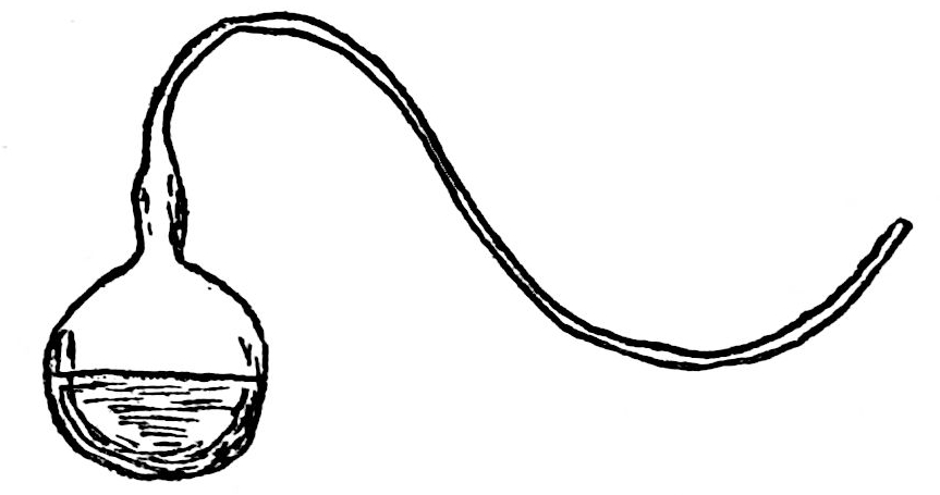 Balard's sketch of the swan-neck flask: a round flask partly filled with yeast soup, its neck drawn out into a long thin tube that rises, turns over and bends down, with its end left open.
