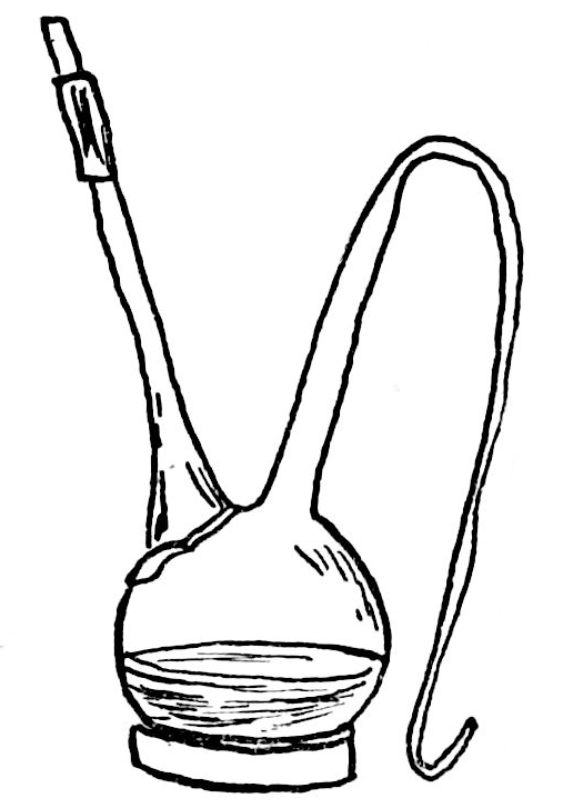 A round-bellied flask of liquid on a ring stand, with two necks: one straight and capped with a short sleeve, the other drawn out into a long swan's neck looping over and down.