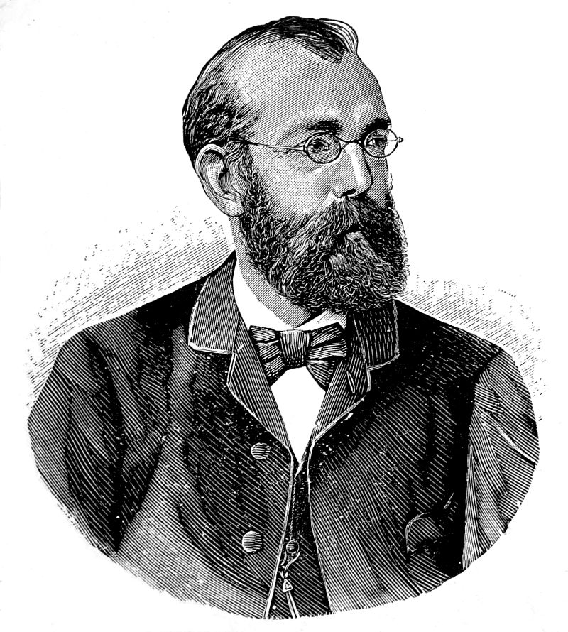 Robert Koch — An engraved head-and-shoulders portrait, the head turned toward the right: rimmed spectacles, a full dark beard, a patterned bow tie, and a buttoned waistcoat under his jacket.