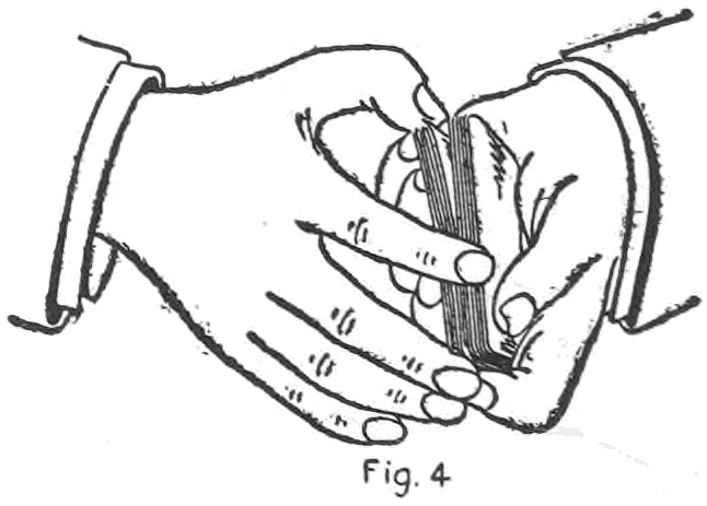 Fig. 4. — The under cut taken to and including the jog card: the right hand draws out the lower packet, and a small space shows in the deck where the thumb tip has entered the opening.