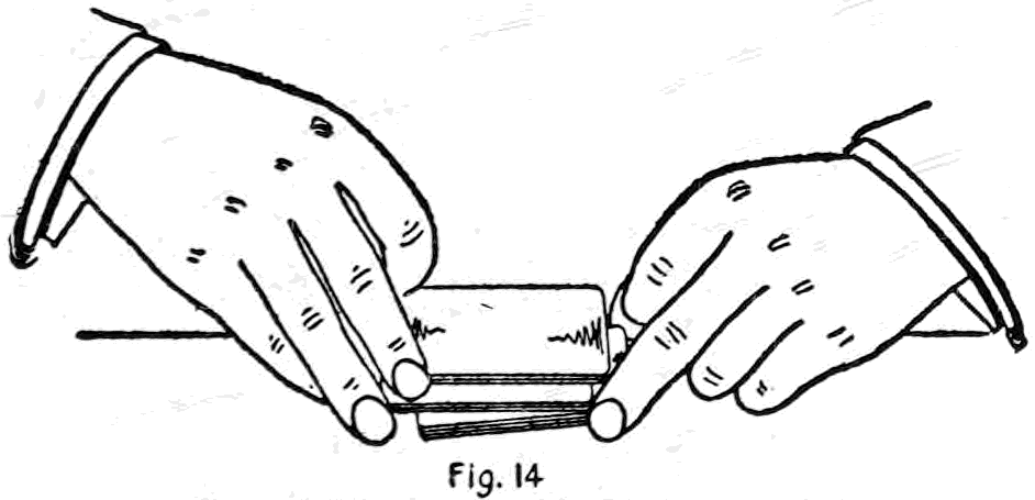 Fig. 14. — The three-packet fancy blind cut: both hands raise the deck from the table and separate, the right hand drawing out the middle packet, the left the lower one, as the top packet is let fall.